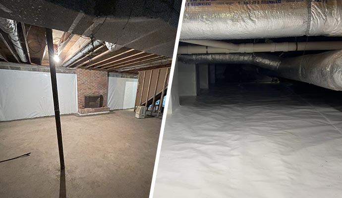 Collage showing waterproofed basement and crawl space
