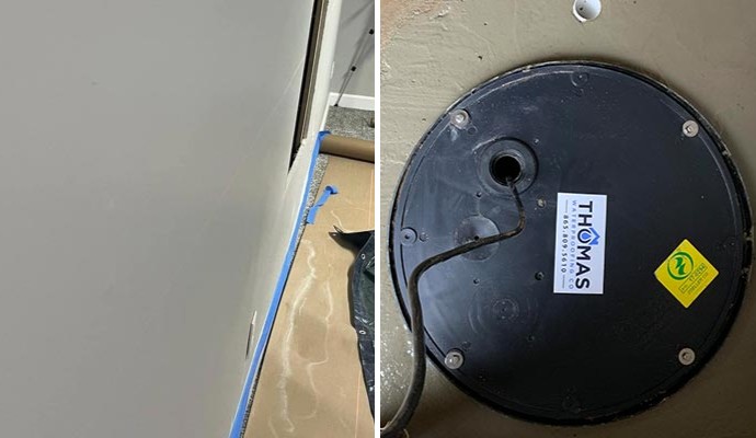Collage of repaired foundation wall and sump pump system Basement with repaired foundation wall and new sump pump system for moisture management