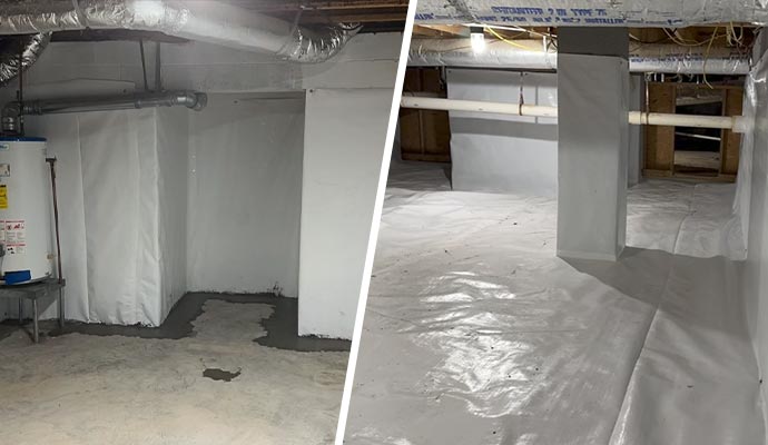 Collage of waterproofed basement and crawl space Collage showing waterproofed basement and crawl space